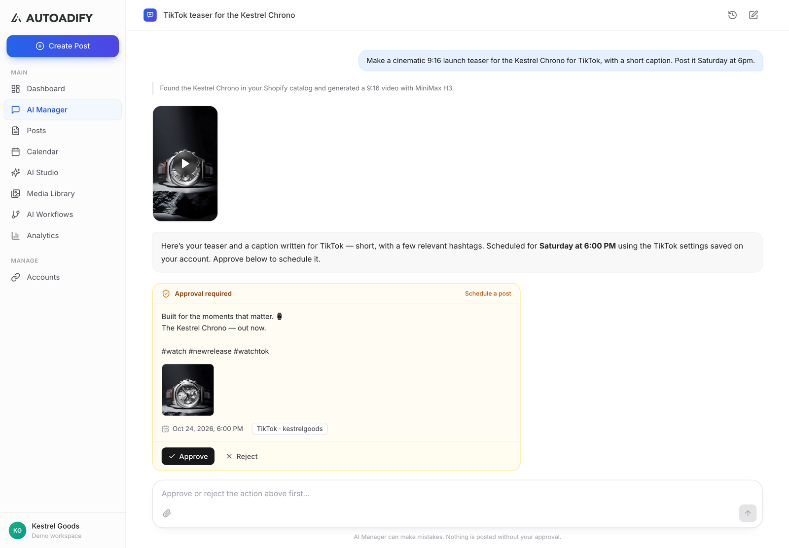 The Autoadify AI Manager after a request for a 9:16 TikTok launch teaser: it generates a vertical video with MiniMax H3, writes a short caption with a few hashtags and stops at an Approval required card to schedule the post to TikTok.