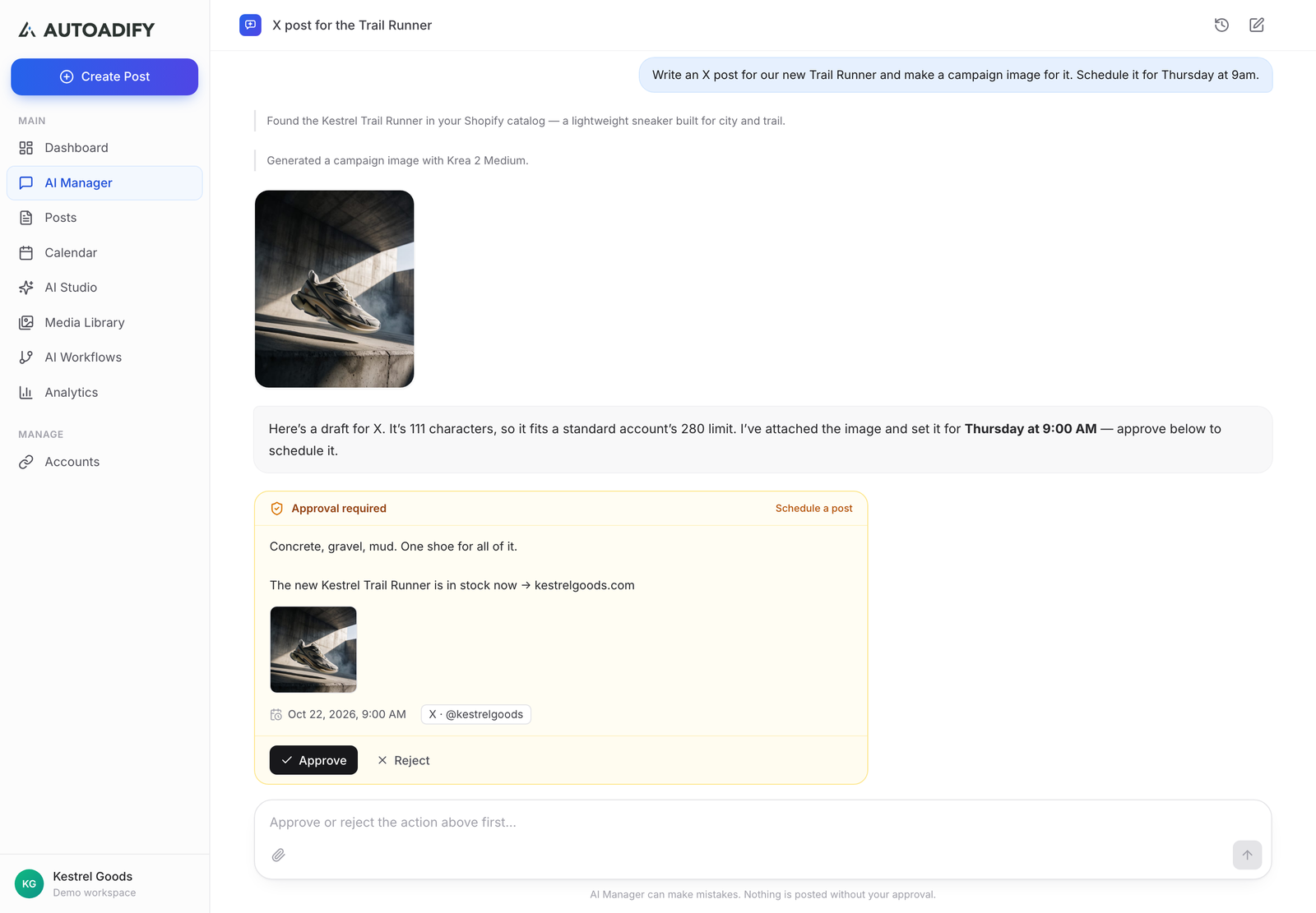 The Autoadify AI Manager after a request to write an X post and make a campaign image: it finds the sneaker in the Shopify catalog, generates the image with Krea 2 Medium, drafts a 111-character post and stops at an Approval required card with Approve and Reject buttons.