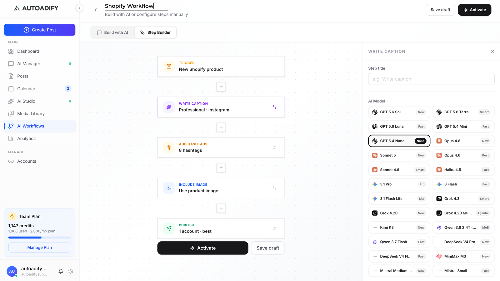 The Autoadify Step Builder showing a five-step workflow — trigger on a new Shopify product, write caption, add hashtags, include image, publish — with the per-step AI model picker open alongside it.