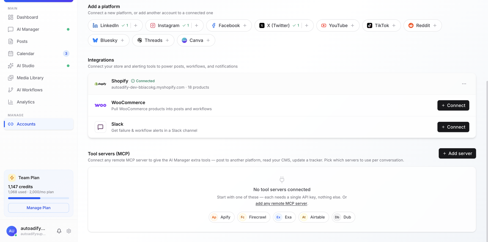 The Autoadify Accounts page listing LinkedIn, Instagram, Facebook, X, YouTube, TikTok, Reddit, Bluesky and Threads to connect, with a Shopify store connected under Integrations.