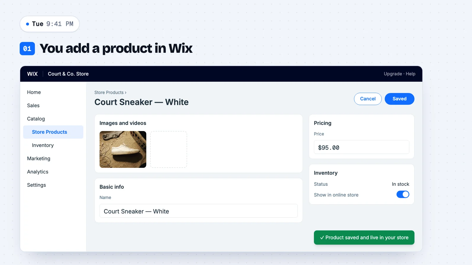 The Wix dashboard's New Product page with a white court sneaker, its photo, a $95 price and Show in online store switched on.