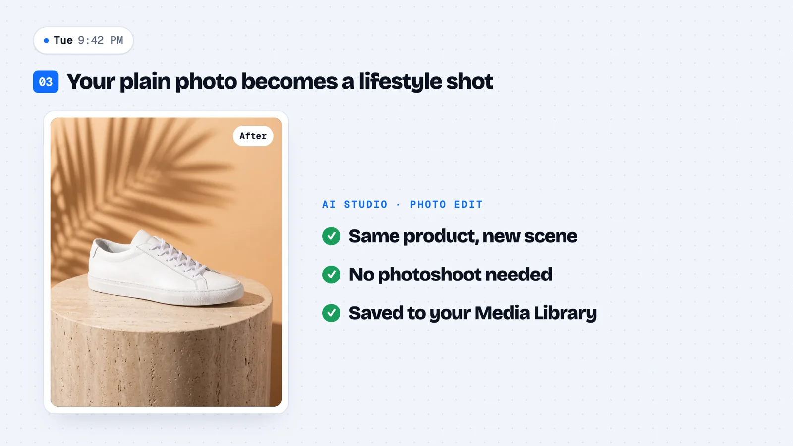 The sneaker product photo restyled by AI onto a travertine plinth with palm-leaf shadows on a warm background.