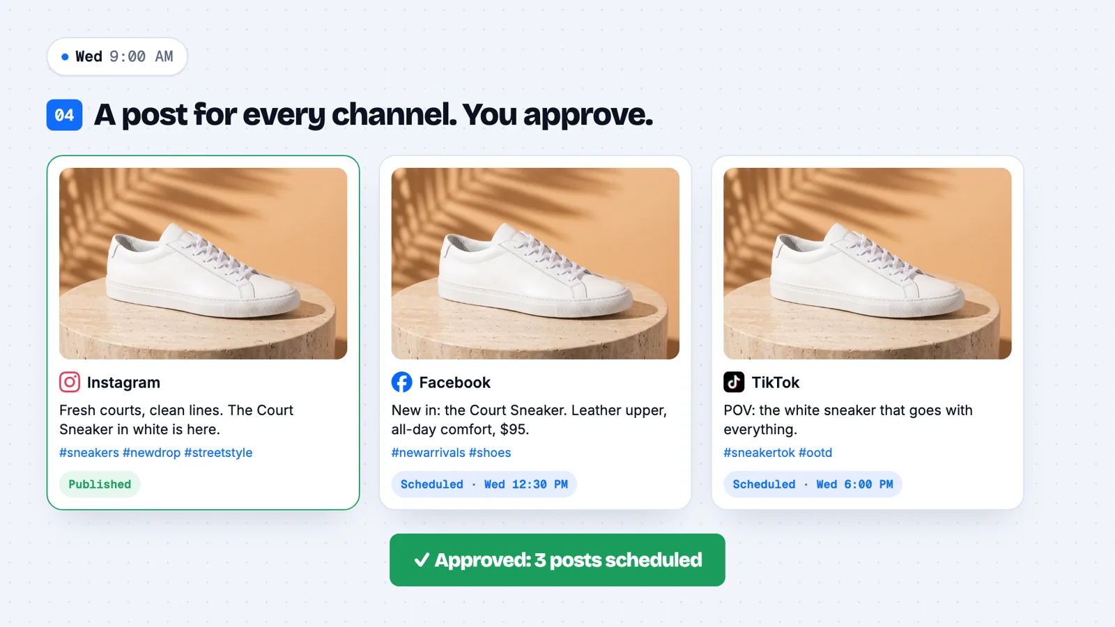 One Wix product turned into three posts for Instagram, Facebook and TikTok, each with its own caption, approved and scheduled.